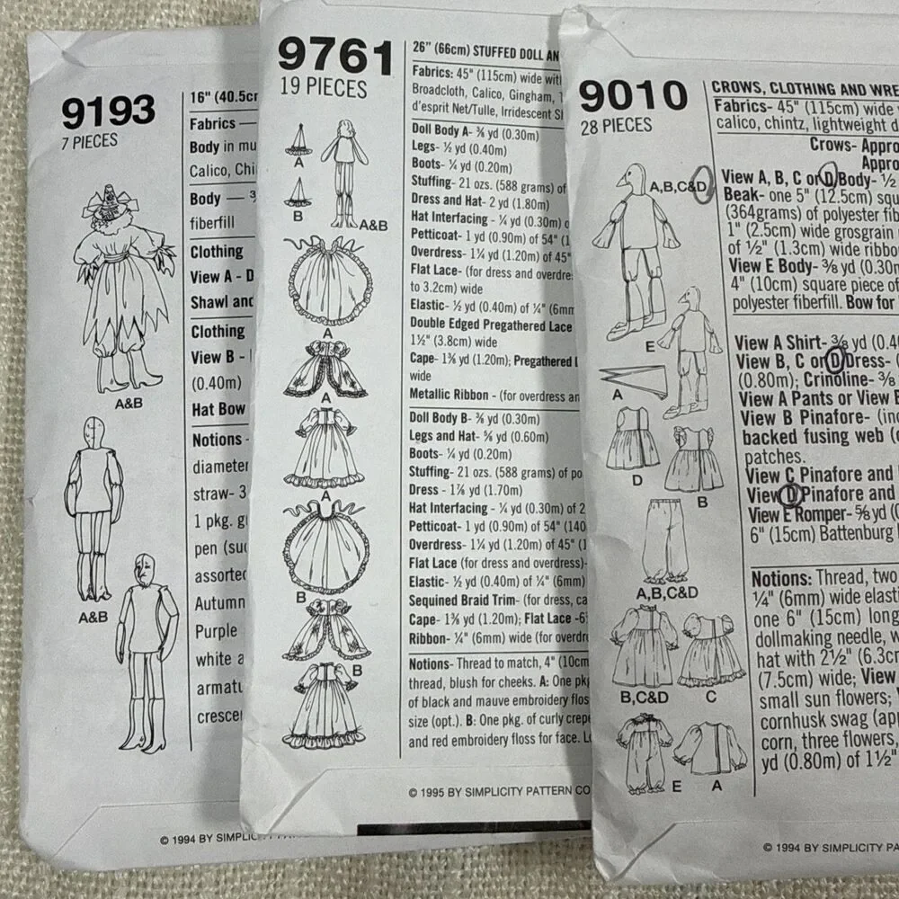 Simplicity Crafts Vintage Fall & Halloween Sewing Patterns Witch Crow Doll